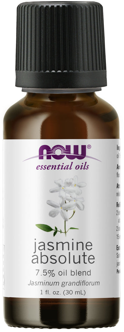 NOW Essential Oils, Jasmine Absolute Oil Blend, 7.5% Blend of Pure Jasmine Absolute Oil in Pure Jojoba Oil, Romantic Aromatherapy Scent, Vegan, Child Resistant Cap, 1-Ounce